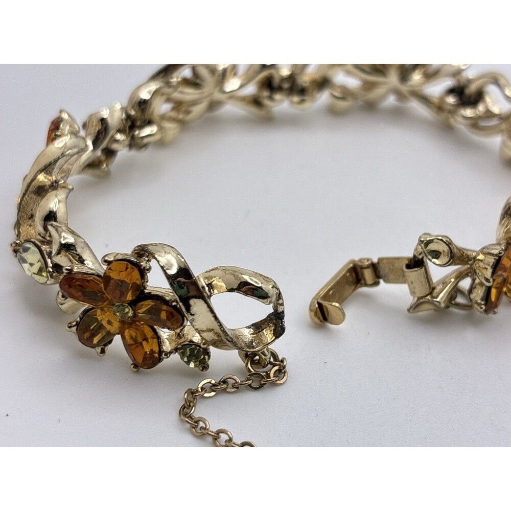 Coro Silver Amber Rhinestone Flower Vintage Jewelry Bracelet With Safety Clasp - Picture 6 of 9